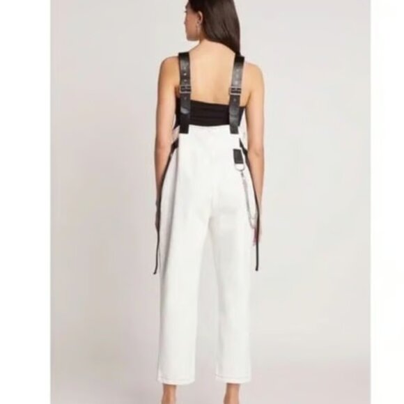 White Denim and Faux Leather Overalls with Chrome Detailing - Picture 3 of 7